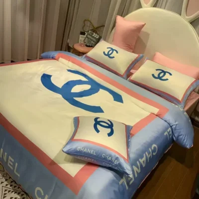 Chanel Logo Blue Printed Bedding Sets Quilt Sets Duvet Cover Luxury Brand Bedding Decor Bedroom Sets Best Luxury Bedding Sets