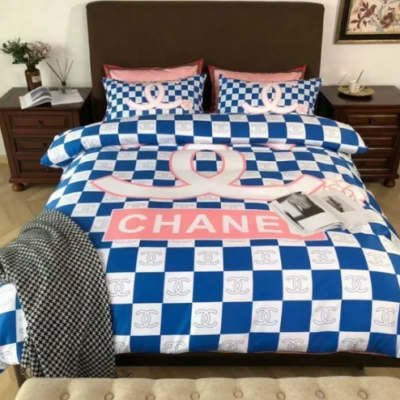 Chanel White And Blue Caro Bedding Set