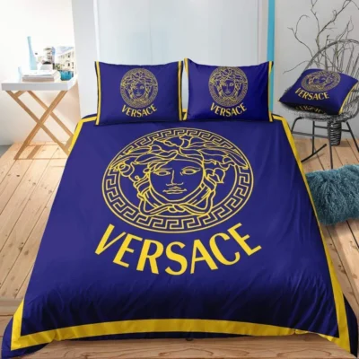 Golden Logo Blue Versace Bedding Sets Luxury Brand Bed Sets, Bedroom Sets, Comforter Sets, Duvet Cover, For Trending 2023 For Home Bedding Sets