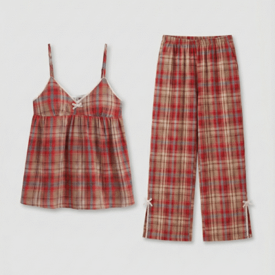 Alternative view of Sweet Lace Red Plaid Ribbon Pajama Set / V Neck