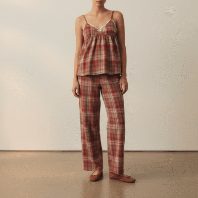 Sweet Lace Red Plaid Ribbon Pajama Set / V Neck